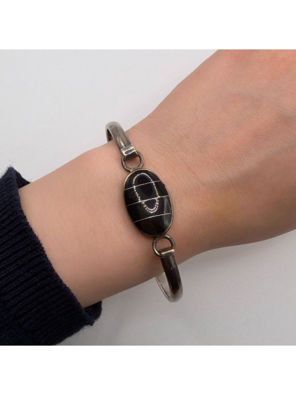 925 Sterling Silver Onyx Inlay Hook & Eye Bracelet Made In Mexico